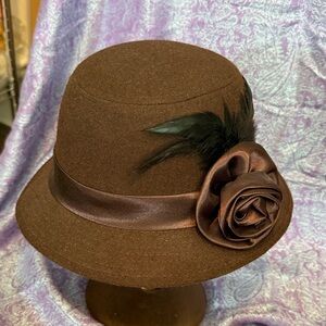Nicole Miller Brown Cloche Hat with Satin Rose and Feather